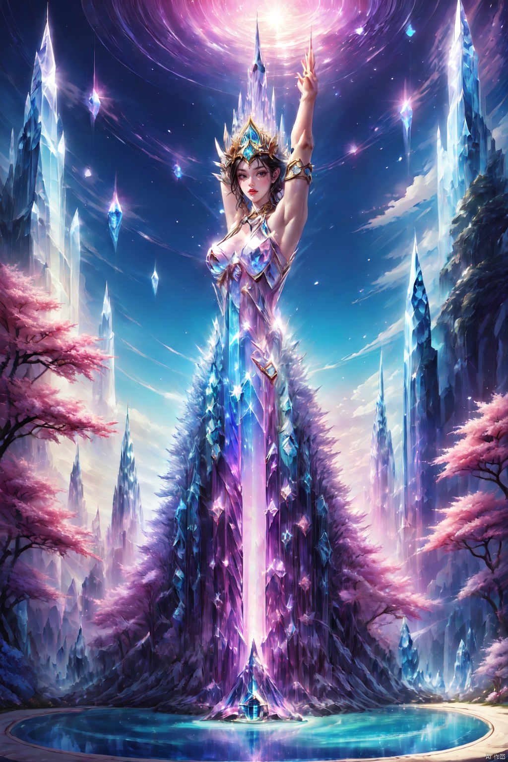 Concept art, surreal, Arnold, Carrara, vivid colors, light tracing, semi-backlight, (a goddess standing and dancing on the lake in front of the castle :1.5), expressive body language, (solo :1.3), (long white hair with streaks of stardust), sexy figure, (Transparent peacock dress :1.5), ((beautiful delicate features AND vivid expression)), ((hands drooping)), (peacock feathers, (halo), (halo), eternal elegance, (biofluorescence AND starlight effect), (ripples on the water surface spread out :1.5), dreamy atmosphere, (Mysterious Fantasy Crystal Castle background :1.5), imaginative story, timeless art, close-ups, Panoramas, captivating visuals, CG, OC rendering, UE5, Soft Focus, f/16 aperture, Best Quality, Ultra HD, Ultra High Resolution, Top Quality, Masterpiece, 8K Resolution, Complex Detail, Ultra Detailed Detail, Fantasy Palace