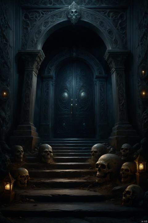 Magical realism, atmospheric perspective, in an unknown world, an unknown place of terror, dark night, behind a huge door carved with scary cameos with mysterious characters, a high mystic altar, on the stairs leading to the altar lie a group of monsters, light tones, light gray tones, super high quality, high resolution, fine details, Delicate textures, intricate patterns, huge