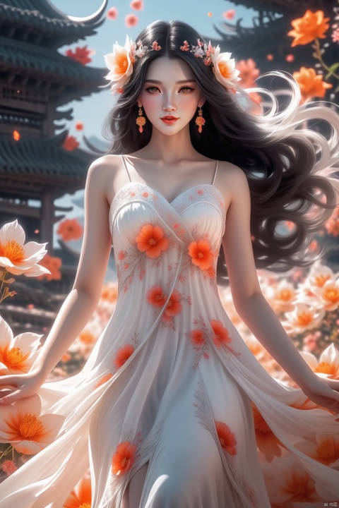 1 Girl, single, looking at the audience, long white hair :1.4 AND long black hair :1.2, red eyes, vibrant face, [delicate features], rosy lips, sweet smile, sexy figure, Light particle, standing, ((White flowered dress AND orange flowered dress)), (Ice Magic), Yendell Effect, (Double exposure :1.3), (Fractal Art :1.4), (hdr:0.9), (Black hazy background :1.5), Soft focus, Panorama, Wide Angle, full-length, (Fantasy art), SONY Master lens, f/16 aperture, very detailed, best quality, Ultra HD, textured skin