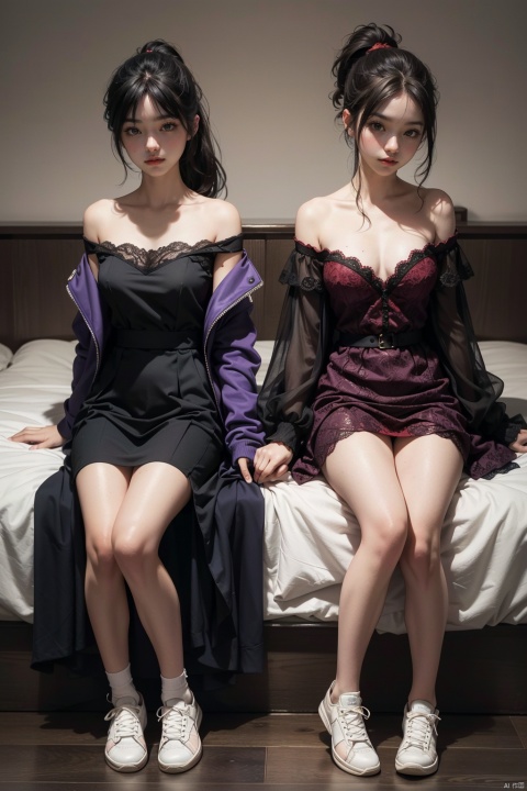 2 Girls sitting side by side on the bed, (the girl on the left has long shaggy hair, a purple silk coat with a red lace long dress, and heels at the bottom), (the girl on the right has a white ponytail, white off-the-shoulder hair with a short skirt, and black stockings with sneakers at the bottom), (middle shot, full body, hands down), Arnold, Carrara, Highest quality, high resolution, full HD, fine detail, warm colors