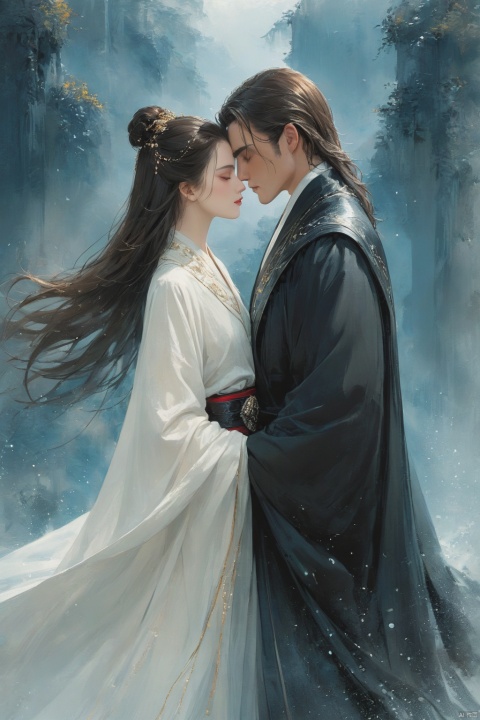 (1 man kisses 1 woman: 1.3), Women have a black and shiny long waist-length hair, adding cool and proud temperament. Deep eyes, tender eyes. The nose is straight, the lips are red, the face is clear, the chin is pointed, and the skin is white. She was graceful and wore a tight black coat. A wide belt set with gems at the waist. There is a dress in the light dress. A cloak is on his shoulder.  Men are unusually generous, with short, refined hair. Deep eyes, opposite women four eyes. The bridge of the nose is tall, the lip is full, the face is clear, the chin is strong, the facial features are correct. Tall, wearing loose robes, wide belts and slacks. With cloth shoes, the instrument is superior. A cloak over his shoulders. (upper body, portrait, full head, bow),ananmo