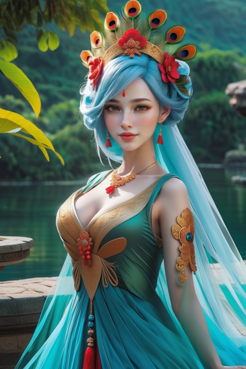 1 Oriental girl, single, looking at the audience, (light blue hair :1.5), long eyelashes, (red phoenix eyes with gentle eyes), vibrant face, small nose, (red lips with lovely smile), lotus hair accessories, sexy slim figure, quiet temperament, standing, (hands down :1.5), (peacock dress :1.5), (Pond moonlight background), (Full body shot), Panorama, Wide Angle, Soft focus, close-up, (Fantasy art), SONY Master lens, f/16 aperture, very detailed, best quality, Ultra HD, textured skin