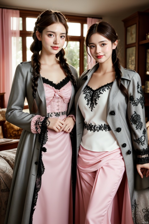 Two sisters pose in a cozy living room setting. The elder sister, 35, stands on the left, her bright and gentle eyes sparkling beneath her delicate braids. She wears a wool trench coat with a Gothic lolita-inspired design, featuring mysterious patterns and black lace trim. Her sweet smile invites warmth.

On the right, the younger sister, 18, exudes confidence with her fierce gaze and disdainful smile. Tall and statuesque, she dons a long shirt jacket paired with a pink sweet Lolita skirt featuring a puffy design and bow embellishment. Both sisters' hands rest at their sides, framing their unique styles within the same frame.