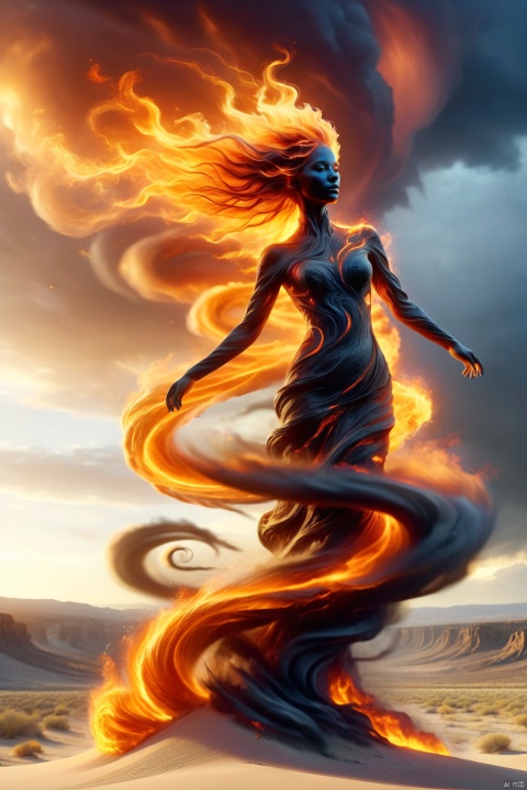 Stuart Lippincott style, whimsical, (1 huge statue of a girl made of fire AND floating AND huge dark standing DonM3l3m3nt4lXL), vivid colors, divisive themes, (Desert Canyon :1.5), overblown skies, (Tornado :1.8), (Flying Sand :1.7), (Solo :1.5), messy long black hair, elegant face shape, gentle eyes, surreal style, Panoramic, atmospheric perspective, wide Angle, from below, (realistic :1.4), Arnold, Carrara, HDR, CG, OC render, UE5, Full HD, High Detail, Ultra High Quality, High resolution, more detailed detail, A hyperfine painting, fire element, DonMW15pXL, DonM3l3m3nt4lXL