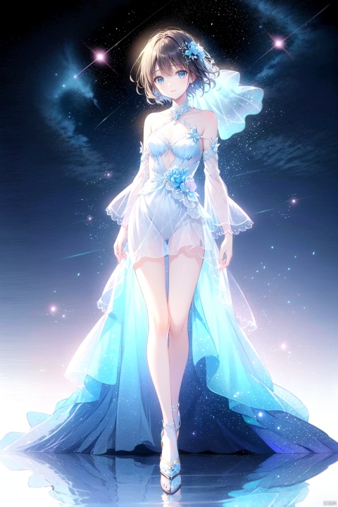 At night, a goddess floats in a dreamy scene, illuminated by the moon. She has long white hair.
Bright eyes. Straight nose, pale red lips, smiling.
She has a beautiful face and a soft jawline. The upper body wore a luminous transparent haute couture evening gown, the dress looked particularly elegant. White silk with long sleeves and sandals. The skirt was luminous and transparent, like the night sky, when the moon shone with little stars. The skirt is very big, moving like a flowing Milky Way, so dreamy.
The veil is very thin and transparent, and there are some small decorations on it, like stars, with a sense of mystery.
This is an unforgettable and surreal dream scene, the God rings in the sky, the goddess shines, like the stardust goddess out of the myth, bright and unforgettable. Her existence itself is a kind of embodiment of beauty, people can not help but fall for it, for the praise. (Panoramic, full body, solo, hands down), fine detail, beautiful lines, highest resolution, top quality, fanxing