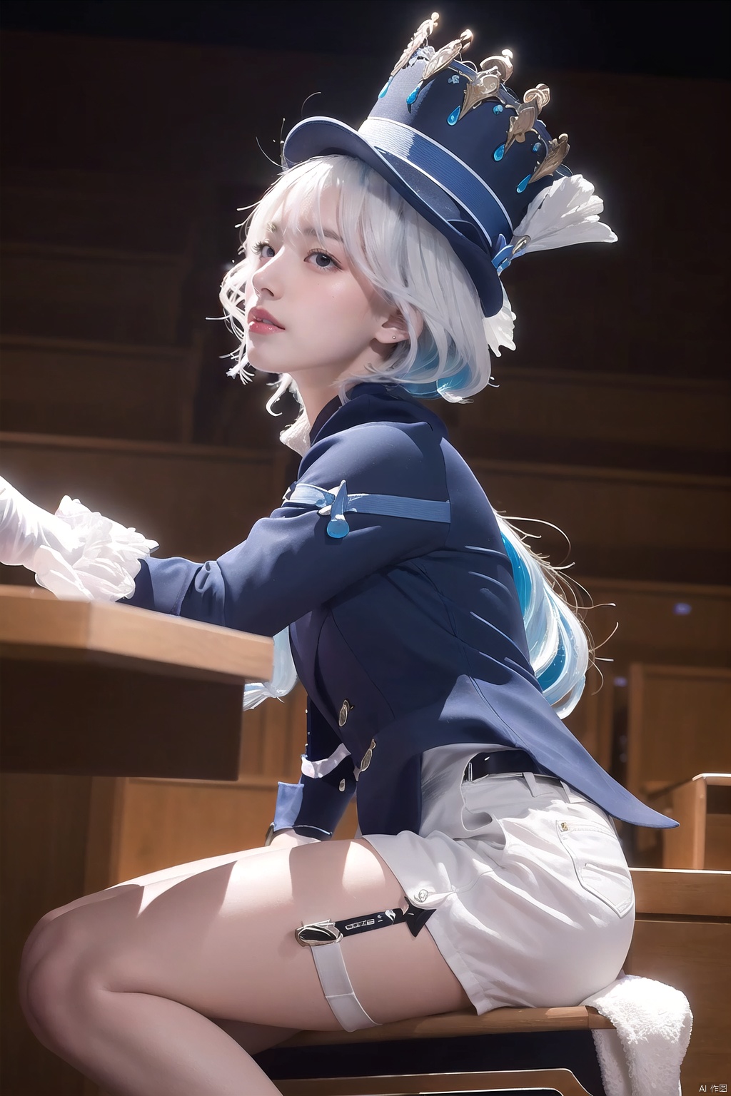  furina, heterochromia, blue hat, gloves, high heels,white hair,white shorts,mediun shot,cowboy shot,Sitting on the throne, Opera stage, dim lights, stage lights, close-up,from below, from side, heterochromia