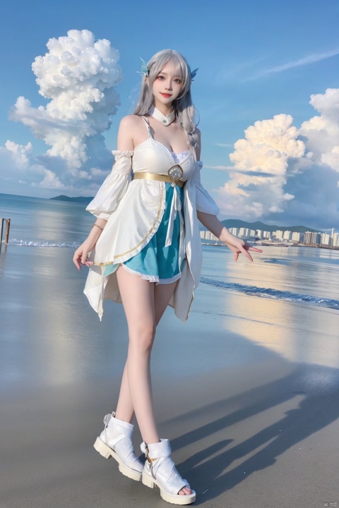 masterpiece, best quality,(low angle shot),elevation shot,full body,1 girl,beautiful, medium shot ,unity cg,8k,jewelry,1 cute girl,thin,cosplay,detailed face,middle breast, side,sky background,clouds,simple background,outdoor,sea level