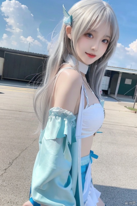 masterpiece, best quality, (low angle shot),elevation shot,full body,1 girl,beautiful, medium shot ,unity cg,8k,jewelry,1 cute girl,thin,cosplay,detailed face,raw photo,middle breast, side,sky background,clouds,simple background,