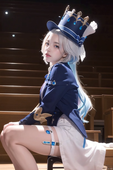  furina, heterochromia, blue hat, gloves, high heels,white hair,white shorts,mediun shot,cowboy shot,Sitting on the throne, Opera stage, dim lights, stage lights, close-up,from below, from side, heterochromia