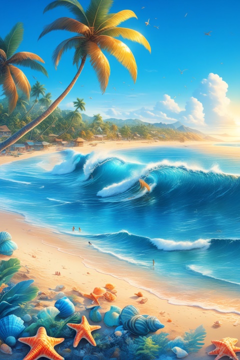 (masterpiece), (best quality), Exquisite visuals, high-definition, (ultra detailed), finely detail, (gradient Blue),(surfe on the sea, surfe),complex, ((sand)), palm trees, high definition, animation style, key visual, vibrant, anthropomorphic shells,The environment is next to the beach, with coconut trees and many seashells on the beach , Small shell, bk-hd,