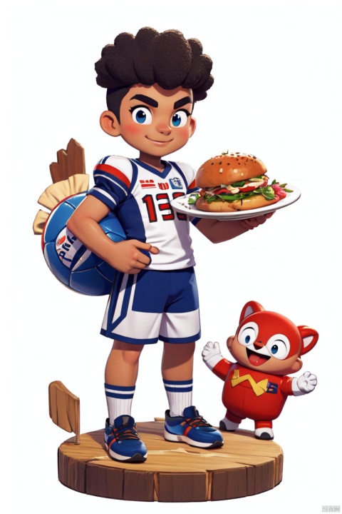 Illustration, cartoon, Mbappe, mature face, smile, standing, holding a plate of delicious food, dark blue jersey, white sports shorts, stepping on a football, white background, texture cutting, game, full body portrait