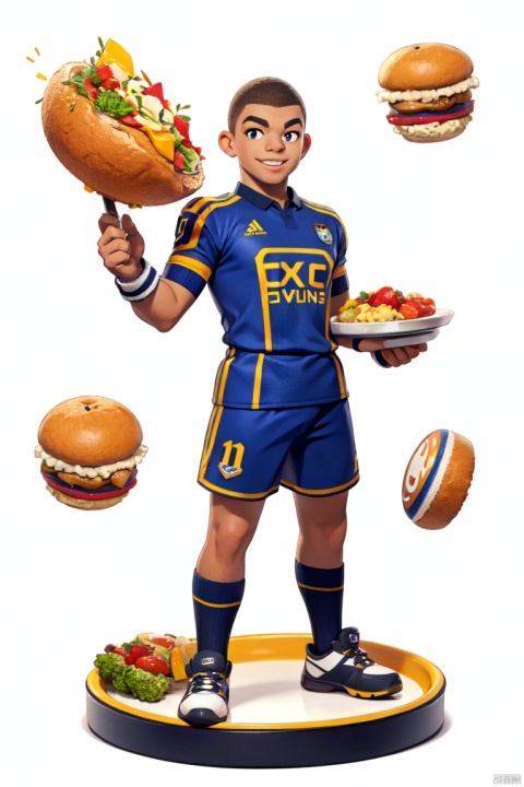 Illustration, cartoon, Mbappe, mature face, smile, standing, holding a plate of delicious food, stepping on a football under his feet, dark blue jersey, white sports shorts, white background, texture cutting, game, full body portrait