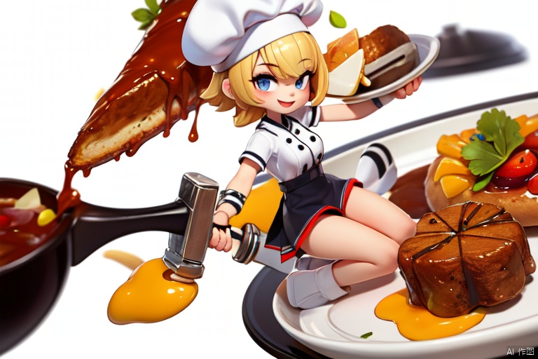 Cartoon, beautiful woman, gentle eyes, short hair, smile, holding a plate of delicious food in one hand, chef hat, red top, chef uniform, ultra short skirt, black silk, white background, texture cutting, game, whole body like