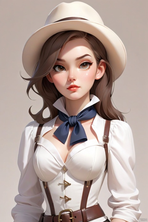  Illustrator,American_Cartoon,1girl,looking_at_viewer,stetson,white_shirt,corset,belt,triangle_scarf,Order,upper_body,,pure_white_background, big_head, HTTP, bianpingshouhui