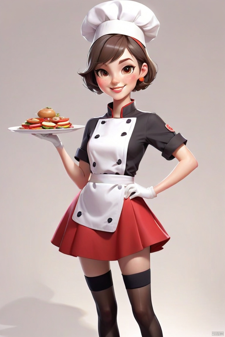 American_Cartoon,1girl, with a plump figure, round eyes, firm eyes, short hair, rosy complexion, smile, holding a plate of delicious food in one hand. Chef hat, red top, chef uniform, ultra short skirt, long legs, black stockings, white background, texture cutting, game, full body portrait