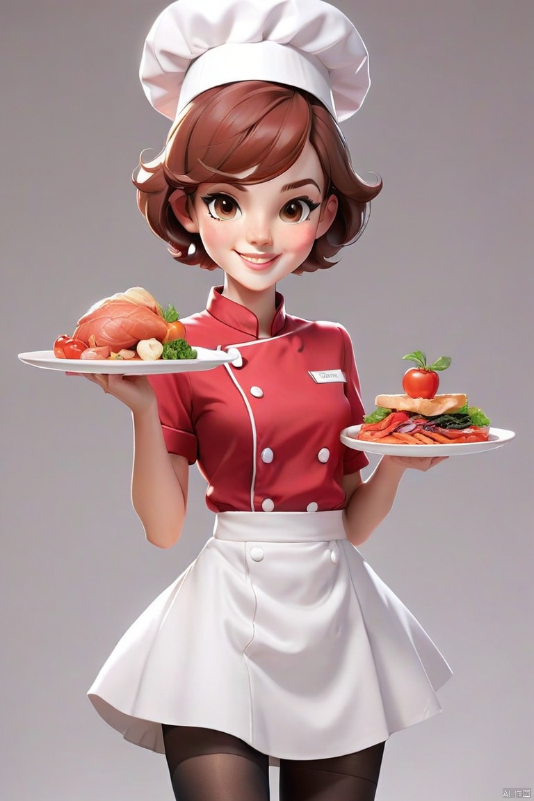 Cartoon, beautiful woman, gentle eyes, short hair, rosy complexion, smile, holding a plate of delicious food in one hand, chef hat, red shirt, chef uniform, ultra short skirt, long legs, black stockings, white background, texture cutting, game, full body shot