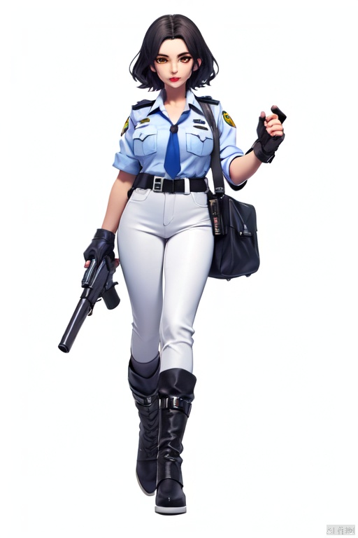 Female police officer, Monica Bellucci's face, firm gaze, short hair, holding pistols in both hands, blue and white shirt, leather pants, long legs, boots, white background, texture cutting, game, full body portrait