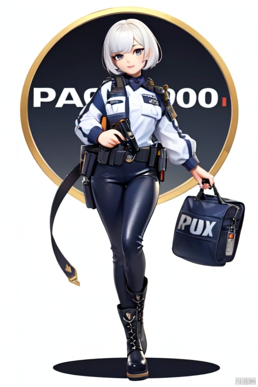 Female police officer, playful face, firm gaze, short hair, holding Walther P99 pistol, blue and white top, black leather pants, long legs, boots, white background, texture cutting, game, full body portrait