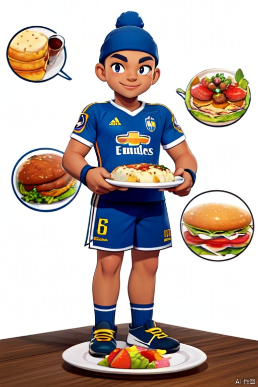 Illustration, cartoon, Mbappe, mature face, smile, standing, holding a plate of delicious food, dark blue jersey, white sports shorts, white background, texture cutting, game, full body portrait