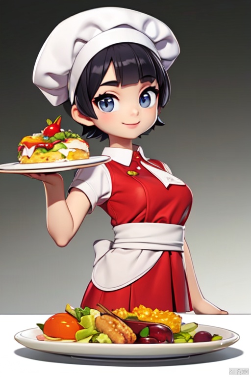Cartoon, beautiful woman, gentle eyes, short hair, smile, holding a plate of delicious food in one hand, chef hat, red top, chef uniform, ultra short skirt, black silk, white background, texture cutting, game, whole body like