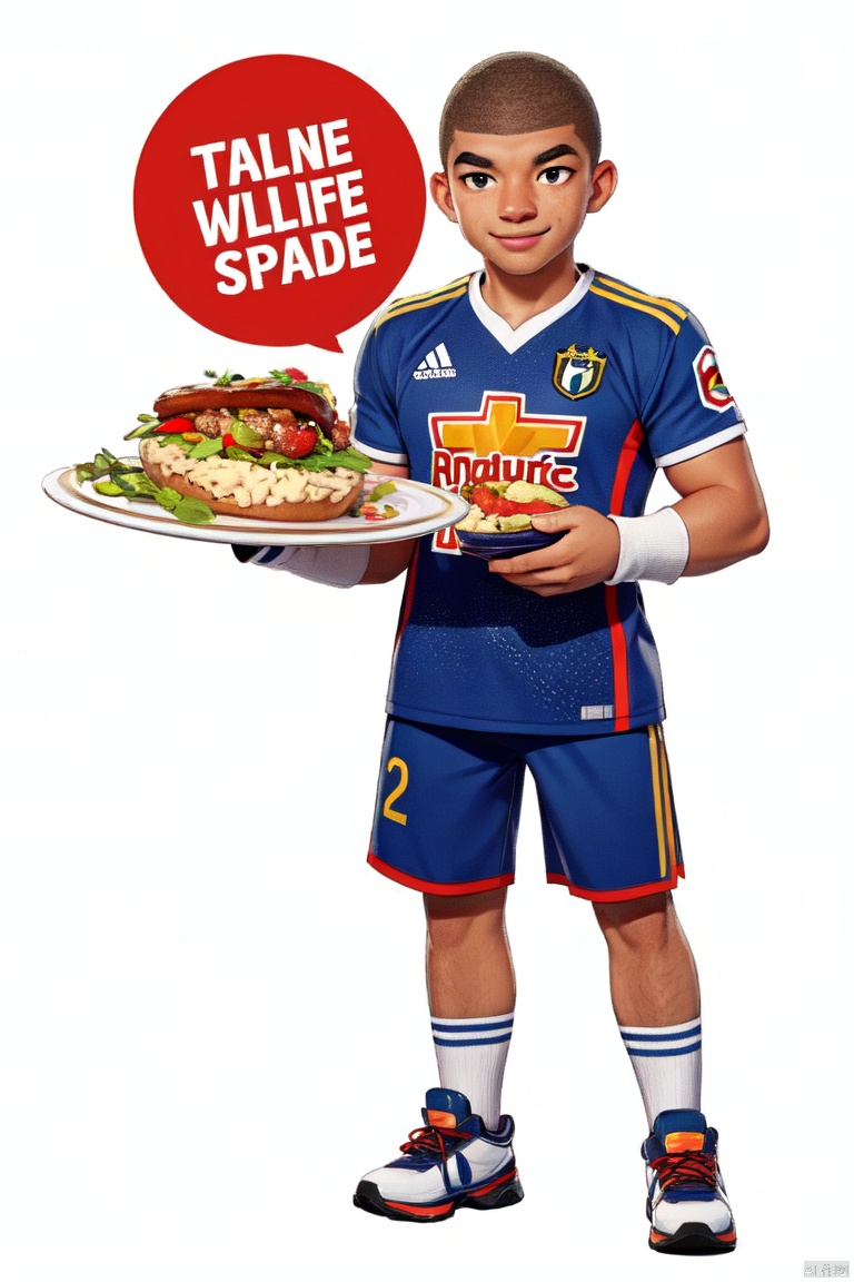 Illustration, cartoon, Mbappe, mature face, smile, standing, holding a plate of delicious food, dark blue jersey, white sports shorts, white background, texture cutting, game, full body portrait