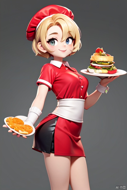 Cartoon, beautiful woman, gentle eyes, short hair, rosy complexion, smile, holding a plate of delicious food in one hand, chef hat, red shirt, chef uniform, ultra short skirt, black silk, white background, texture cutting, game, seeing the whole body