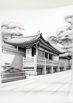The overall elegant and atmospheric style of the Song Dynasty pavilion architecture Very simple and concise line drawing in light pencil