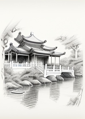 The overall elegant and atmospheric style of the Song Dynasty pavilion architecture ,Very simple and concise outline pencil line drawing ,Ultra-clear Pencil ,drawings,Very faint hook line,Very simple pencil lines