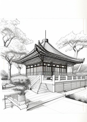 The overall elegant and atmospheric style of the Song Dynasty pavilion architecture Pencil outline draft, BlockManDynamicSketching Simple line drawing