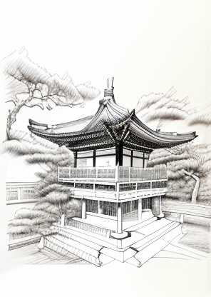 The overall elegant and atmospheric style of the Song Dynasty pavilion architecture ,Very simple and concise outline pencil line drawing ,Ultra-clear Pencil ,drawings