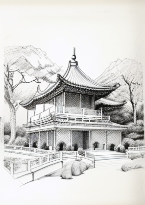 The overall elegant and atmospheric style of the Song Dynasty pavilion architecture Pencil outline draft