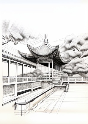 The overall elegant and atmospheric style of the Song Dynasty pavilion architecture ,Very simple and concise outline pencil line drawing ,Ultra-clear Pencil ,drawings,Very faint hook line