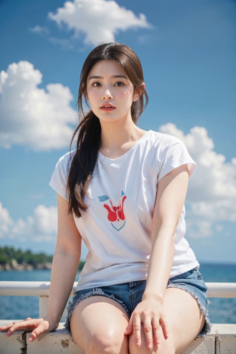 1 girl, solo, grey t-shirt, shorts, long_air, look_audience, white_pressure, bangs, ahoge, tight short sleeves, outdoor, closed, hair between eyes, sky, spider lily, ribbon, t-shirt, shorts, cloud, blue_sky, sailr_collar, Blurry_foreground, red_flower, fuzzy, powder blusher, hair_string, worms, auspicious, Babata, mauriland, ( MBTI ), Maurilandhair, sleeveless t-shirt, collarbone, outdoor, sky, cloud, dark skin, water, t-shirt shorts, blue sky, no Sleeve, ocean, beach, sand, sun, sun skirt,