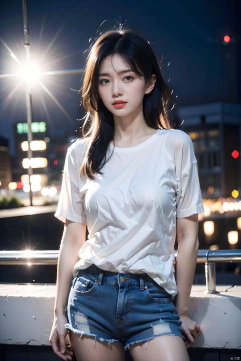  Best quality, masterpiece, super high resolution, 1 girl, looking at the audience, white loose T-shirt, Jean shorts, solo, long hair, brown hair, city background, light up the edge, ponytail,