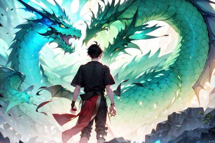 (An 18-year-old male youth with short black hair wearing a black coarse cloth top facing away from the camera: 1.2),
A huge dark green Oriental dragon, made of wood