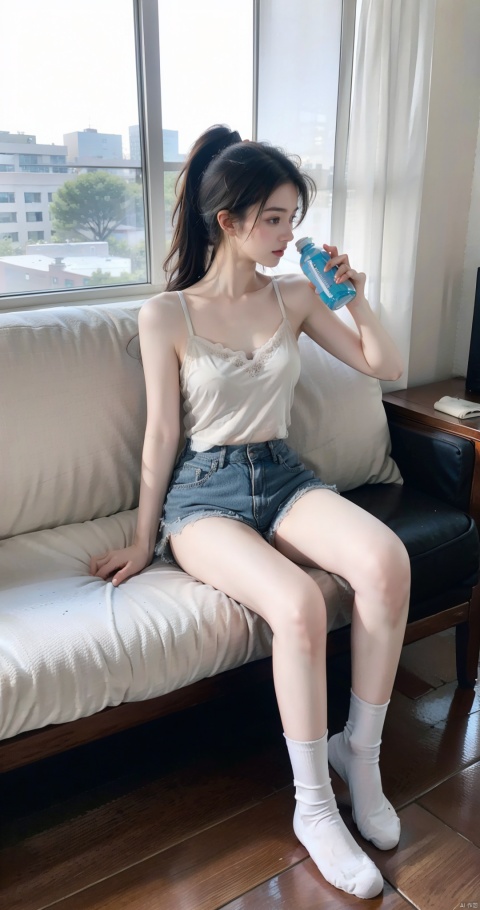 1girl, solo, long hair, brown hair, black hair, holding, sitting, full body, ponytail, shorts, socks, indoors, pillow, short shorts, window, watermark, sunlight, bottle, curtains, white socks, couch, web address, camisole, realistic, drinking, water bottle