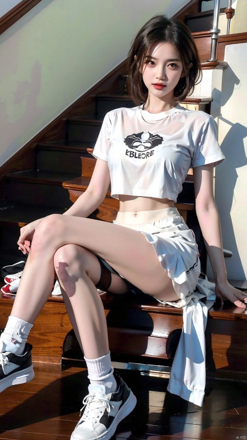 1girl, solo, breasts, looking at viewer, short hair, skirt, shirt, black hair, navel, brown eyes, medium breasts, sitting, full body, white shirt, short sleeves, parted lips, shoes, socks, midriff, miniskirt, stomach, lips, crop top, abs, white footwear, white skirt, white socks, sneakers, stairs, realistic