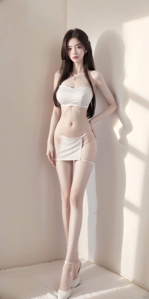  A girl, long hair,white yarn dress, strapless,, navel, lower abdomen, black pantyhose, sneaker, whole body, slim fit, slim figure, long legs, beautiful legs, glowing, soft light, tutult, pantyhose, 1girl,Put your hands on your hips, Hourglass body shape,Fair Skin,