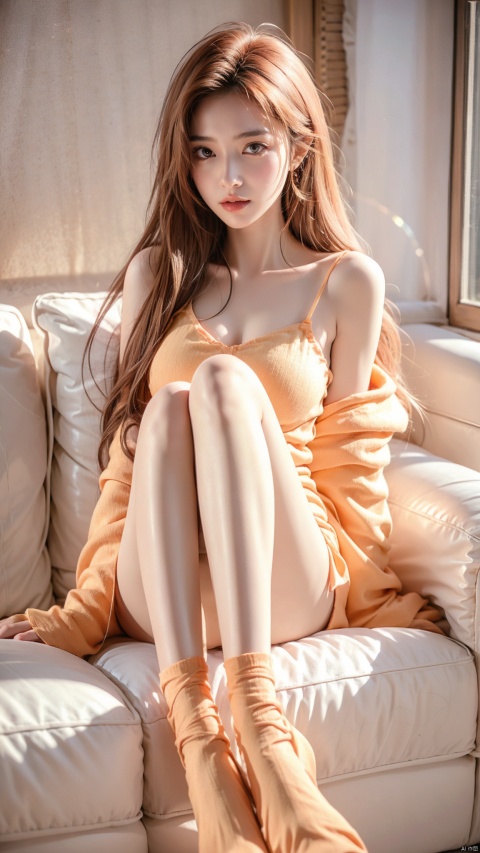  1 girl, sitting on a comfortable sofa, orange gradient stockings, soft lighting, hands 101, (\meng ze\)