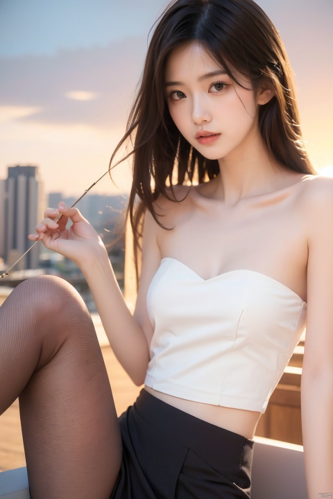  Frontal photography,Look front,evening,dark clouds,the setting sun,On the city rooftop,A 20 year old female,white top,black Leggings,black hair,long hair,dark theme,high contrast,natural skin texture,A dim light,high clarity,sky background,Facial highlights,Strapless,Silk stockings,1girl,solo,fair_skin,skinny,slender,straight_hair,lipstick,bright_pupils,collarbonea,medium breasts,narrow_waist,strapless_dress,sleeveless_dress,kneehighs,tight,lace,standing,incredibly absurdres,reality,blurry,medium_shot,eyes_focus,