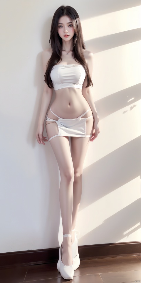 A girl, long hair,white yarn dress, strapless,, navel, lower abdomen, black pantyhose, sneaker, whole body, slim fit, slim figure, long legs, beautiful legs, glowing, soft light, tutult, pantyhose, 1girl,Put your hands on your hips, Hourglass body shape,Fair Skin, pf-hd