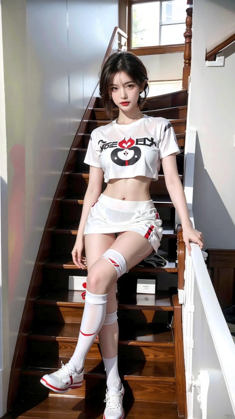  1girl, solo, breasts, looking at viewer, short hair, skirt, shirt, black hair, navel, brown eyes, medium breasts, sitting, full body, white shirt, short sleeves, parted lips, shoes, socks, midriff, miniskirt, stomach, lips, crop top, abs, white footwear, white skirt, white socks, sneakers, stairs, realistic