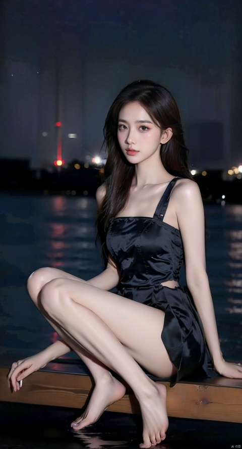  A girl sitting by the lake, comfortably enjoying the beautiful night, black hair, long hair, big waves, natural beauty, colorful starry sky, shadows reflecting on the lake surface, wearing a sexy suspender short skirt, deep blue short skirt, wearing a piece of clothing, sitting posture, peaceful environment, peaceful mood, starry sky, comfortable position, young girl, innocent expression,  ultra-high resolution images, high-definition resolution, 1girl, linzhiling, ((poakl)),fullbody,Barefoot