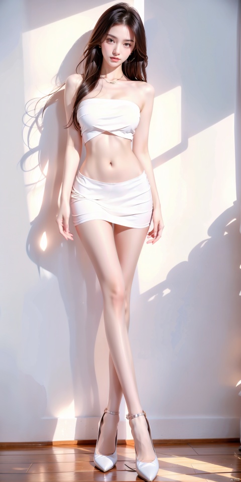  A girl, long hair,white yarn dress, strapless,, navel, lower abdomen, black pantyhose, sneaker, whole body, slim fit, slim figure, long legs, beautiful legs, glowing, soft light, tutult, pantyhose, 1girl,Put your hands on your hips, Hourglass body shape,Fair Skin,pf-hd,Short skirts, ll-hd