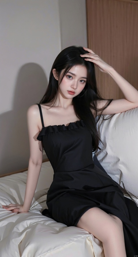 1girl, solo, long hair, black hair, dress, indoors, black dress, english text, pillow, bed, arm support, head out of frame