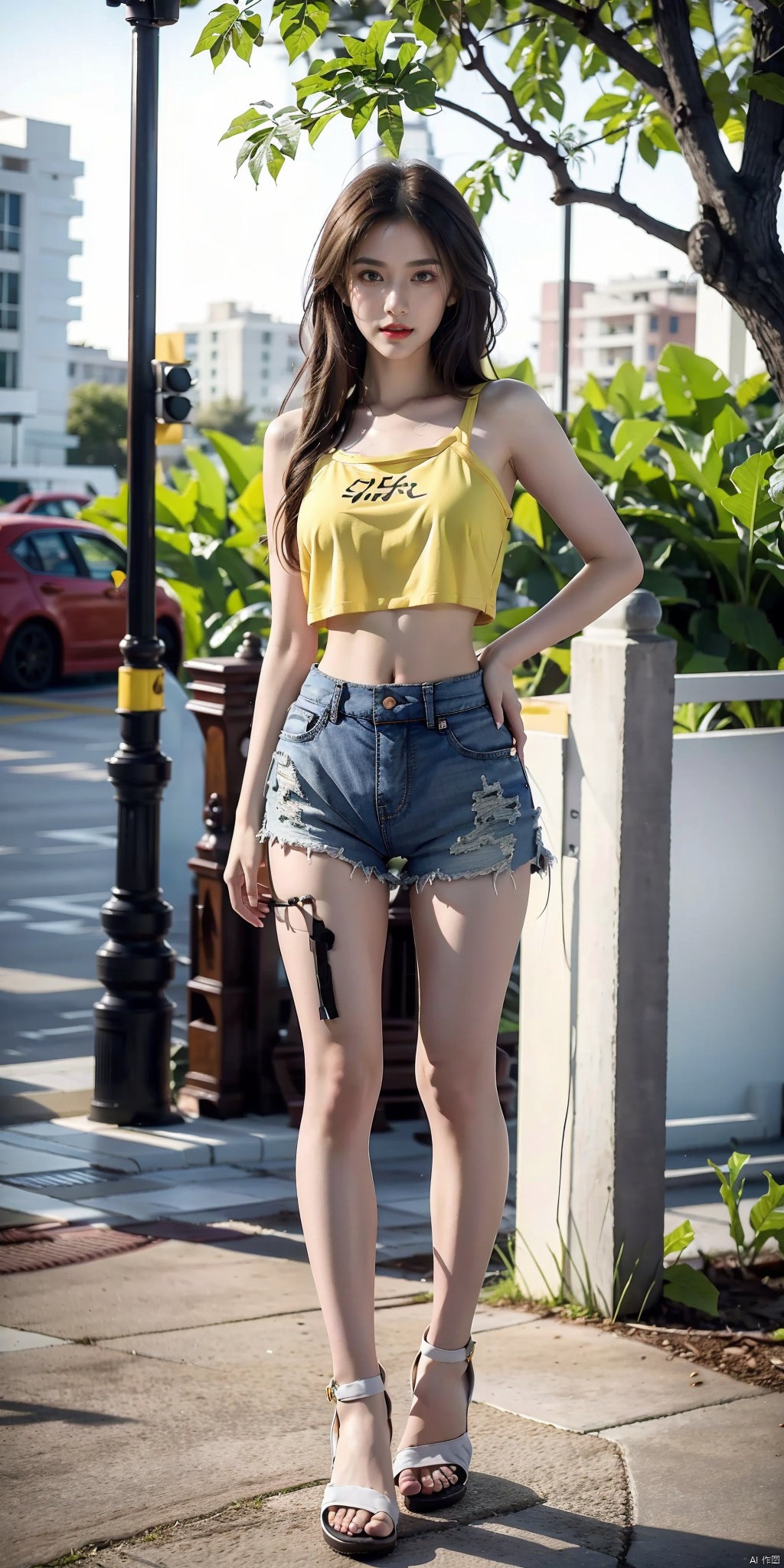 1girl, solo, long hair, looking at viewer, brown hair, shirt, navel, brown eyes, standing, full body, outdoors, parted lips, shorts, day, midriff, tree, lips, crop top, hand on hip, short shorts, sandals, **** top, plant, camisole, yellow shorts, photo background