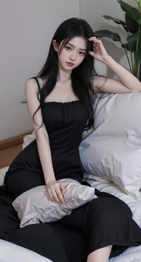 1girl, solo, long hair, black hair, dress, indoors, black dress, english text, pillow, bed, arm support, head out of frame