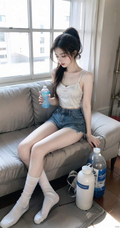 1girl, solo, long hair, brown hair, black hair, holding, sitting, full body, ponytail, shorts, socks, indoors, pillow, short shorts, window, watermark, sunlight, bottle, curtains, white socks, couch, web address, camisole, realistic, drinking, water bottle