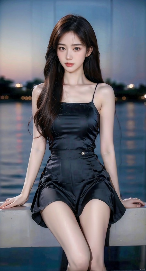  A girl sitting by the lake, comfortably enjoying the beautiful night, black hair, long hair, big waves, natural beauty, colorful starry sky, shadows reflecting on the lake surface, wearing a sexy suspender short skirt, deep blue short skirt, wearing a piece of clothing, sitting posture, peaceful environment, peaceful mood, starry sky, comfortable position, young girl, innocent expression,  ultra-high resolution images, high-definition resolution, 1girl, linzhiling, ((poakl)),fullbody,Barefoot