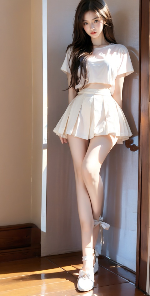  1girl, solo, long hair, looking at viewer, skirt, shirt, black hair, brown eyes, standing, full body, white shirt, short sleeves, pleated skirt, shoes, indoors, black skirt, lips, arms behind back, white footwear, t-shirt, Hourglass body shape